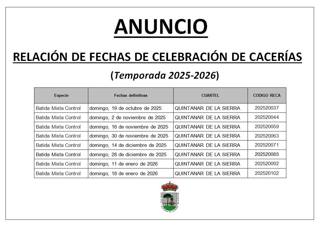 ANUNCIO-RELACION DE FECHAS DE CELEBRACIÓN DE CACERIAS 2025-2026