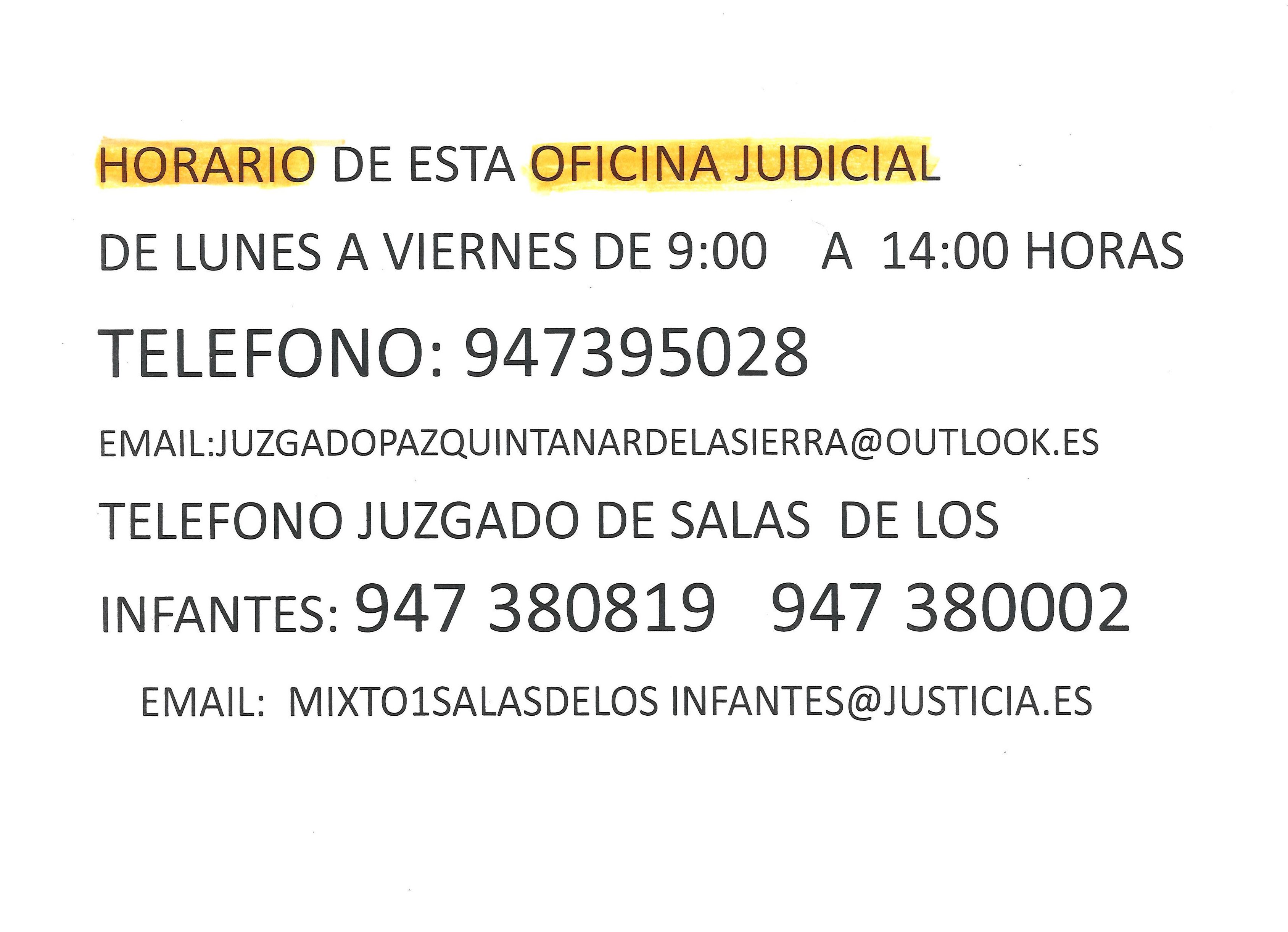 HORARIO Y CONTACTO DE LA OFICINA JUDICIAL DE QUINTANAR DE LA SIERRA