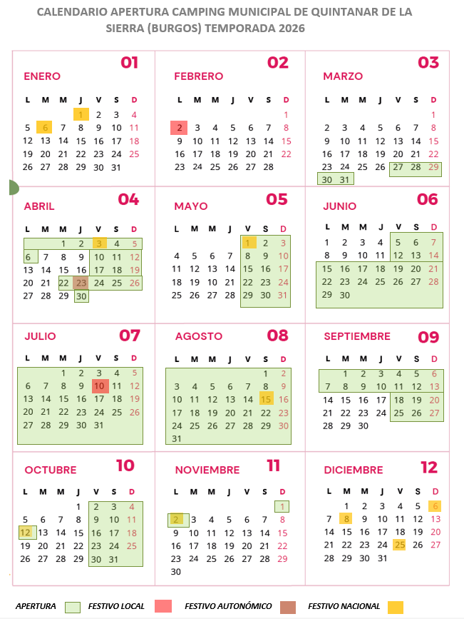 CALENDARIO APERTURA CAMPING 2026